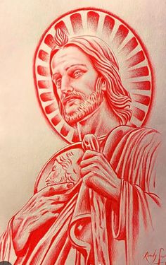 a drawing of jesus holding the cross