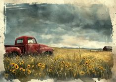 an old red truck in a field with sunflowers