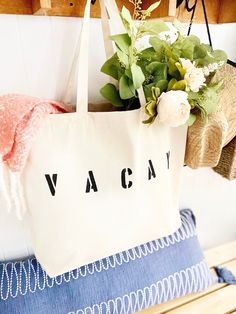 "The VACAY Oversized canvas tote bag is perfect for any adventure! Available with text in several colors... check out the variations! This bag is made from 100% thick, sturdy canvas. AVAILABLE IN TWO SIZES * Large - 19.5\" x 13\" with a 4\" gusset *Jumbo - 23\" x 13\" with a 6\" gusset These bags are hand painted using non-toxic fabric paint. The technique used creates an attractive distressed appearance to the text that varies from bag to bag. All of my products are made to order. Production ti Rectangular Canvas Bag For Everyday Vacation Use, Rectangular Canvas Bag For Everyday And Vacation, Travel Tote Canvas Bag For Vacation, Everyday Vacation Tote Canvas Bag, Everyday Vacation Canvas Tote Bag, Cotton Beach Bag For Travel And Vacation, Cotton Beach Bag For Everyday Use On Vacation, White Beach Bag With Letter Print For Travel, White Travel Beach Bag With Letter Print