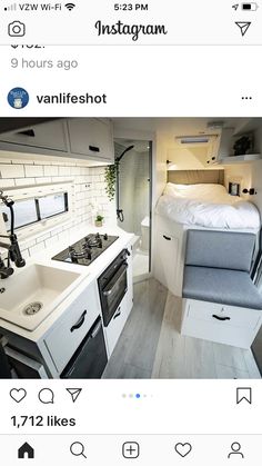 a mobile home with a bed and sink