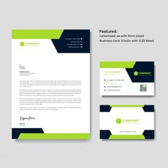 a letterhead, business card and envelope with green accents on the front and back