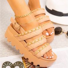 Beige Platform Sandals With Gold Chain Accessory. All Shoes Are Brand New And Comes With Box Trendy Chain Sandals For Summer, Gold Sandals With Chain For Summer, Popular Shoe, Miz Mooz, Popular Shoes, Selfie Stick, Running Women, Shoe Brands, Platform Sandals