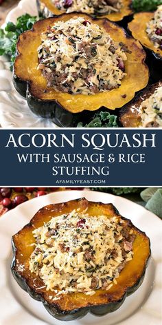 acorn squash with sausage and rice stuffing on a white plate, topped with parmesan cheese