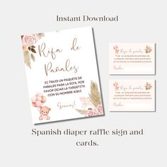 spanish diaper raffle sign and cards with pink flowers on the front, in gold foil