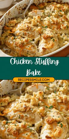 chicken and stuffing bake in a casserole dish with the title above it