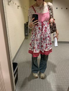 Layers Dress Outfit, Me Before You Louisa Outfits, Layered Dresses Outfit, Spring Maximalist Outfits, Cluttered Outfit, Jeans Under Dress Outfit, Dress Layered Outfit, Layering Dress Outfit, Jeans Under Dress