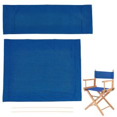 a blue chair next to an empty folding chair