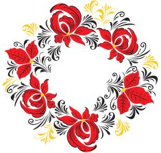 a red and black floral design with yellow accents on a white background, in the shape of a circle