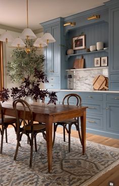 a dining room table with chairs and a potted plant on top of the table