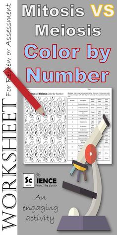 a book cover with an image of a microscope and the words, mitosis vs meiosis color by number