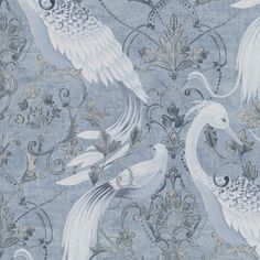 a blue and white wallpaper with two birds on it