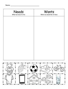 a worksheet with the words needs and wants