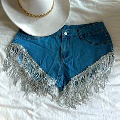 It’s Giving Coachella Vibes! Super Cute Denim Shorts With Sequin Tassels, Perfect For A Party Or Music Festival! Never Worn! Glitzy Cowgirl, Cowgirl Outfits Halloween, Cute Denim Shorts, Coachella Vibes, Shein Shorts, Tassel Shorts, Cowgirl Outfits, Silver Blue, Beach Outfit