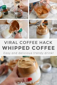 a collage of photos showing how to make whipped coffee in a glass jar with the text overlay that reads, virtual coffee hack whipped coffee