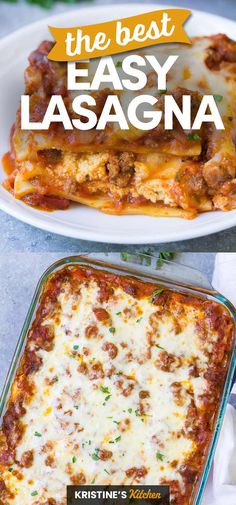 lasagna casserole on a white plate with the title overlay reads, the best easy lasagna