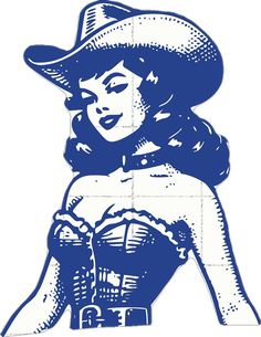 a blue and white drawing of a woman wearing a cowboy hat with her hands on her hips