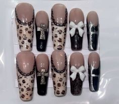 Leapord Print Acrylic Nails Long, Nail Charm Ideas, Hello Kitty Cheetah Print Nails, September First, Animal Print Y2k Nails, Cheetah Print Nails Y2k, Lepord Print 2000s Nails, Ber Months, Cheetah Print Nails