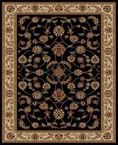 a black and beige rug with flowers on it