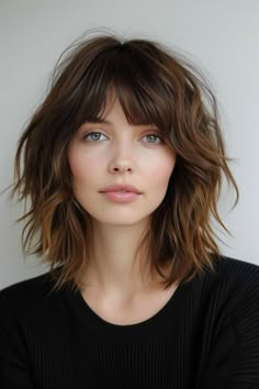 Medium Hair Cuts For Women With Bangs, Shaggy Lob With Curtain Bangs, Shoulder Length Shag With Bangs, Shaggy Long Bob, Textured Bob With Bangs, Shaggy Bob With Bangs, Bangs Haircut Ideas, Lob Haircut With Bangs, Shaggy Lob