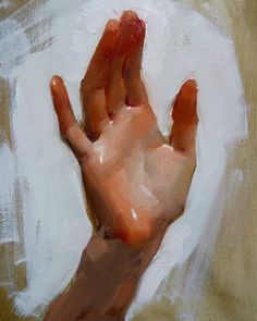 a painting of someone's hand on a brown and white background with red paint