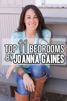 a woman sitting on top of a bench with her hand in her pocket and the words top 11 bedroom by joanna caines