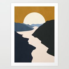 an art print with mountains and a river in the foreground, under a full moon