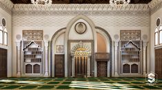 the interior of an ornately decorated building with green carpet and gold trimmings