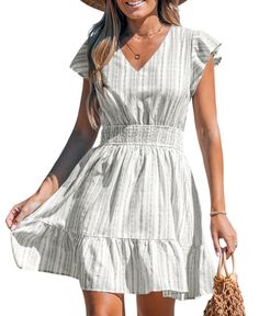 in stock Summer Tiered V-neck Dress With Ruffles, Flowy V-neck Dress With Ruffles For Summer, Casual V-neck Dress With Ruffle Hem For Summer, Summer V-neck Ruffle Dress For Brunch, Ruffled Mini V-neck Dress For Vacation, Breezy V-neck Dress With Ruffles, Spring V-neck Dress With Ruffle Hem For Beach, Breezy V-neck Dress With Ruffle Hem, Casual V-neck Dress With Ruffle Hem For Spring