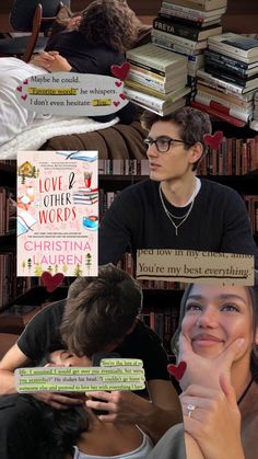 the collage shows two people sitting in front of books