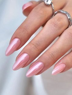 Pink Chrome Glitter Nails, Opal Nails With Design, Pink Nails With Glitter Ring Finger, Pale Pink Nails With Chrome, Light Pink With Sparkles Nails, Baby Pink With Chrome Nails, Pastel Pink Chrome Nails, Pale Pink Nail Designs