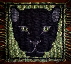 a black cat with green eyes is shown in the middle of a crocheted square