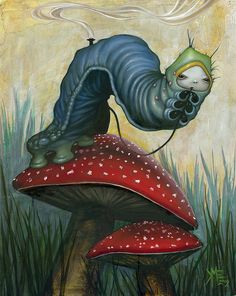 a painting of a man on top of a mushroom with his head in the air