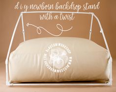 a white metal bed frame with a pillow on it and the words diy nelson backup stand with a twist