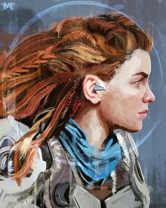 a digital painting of a woman with long hair and piercings on her ears, looking to the side