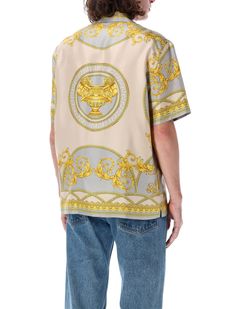 100% silk Baroque Motifs, Versace Baroque, Burberry Shop, Bowling Shirt, Gold Models, Fall Winter 2024, Luxury Silk, Bowling Shirts, Silk Twill