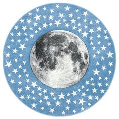 a blue plate with stars and a full moon on the side, in front of a white background