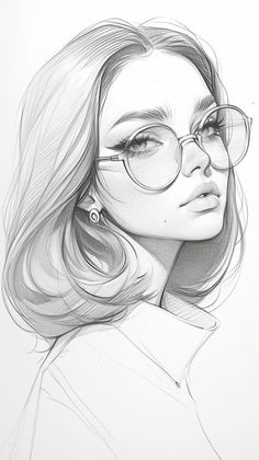 a pencil drawing of a woman with glasses