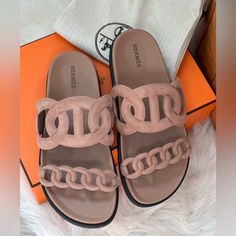 Rose Perle Extra Sandals Bnib **Final Sale ** Luxury Pink Flat Sandals, Luxury Pink Sandals For Vacation, Luxury Pink Sandals For The Beach, Luxury Pink Round Toe Sandals, Luxury Pink Sandals With Round Toe, Rose Sorbet, Louis Xiii Cognac, Corporate Style, Hermes Shoes