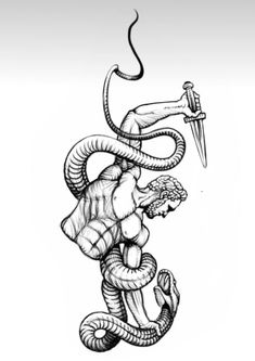 a drawing of a person holding a knife and snake with its head in the air