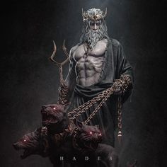 a statue of a man with horns and chains on his hands, standing in front of a dark background