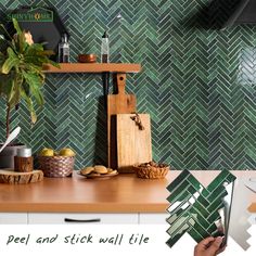 a kitchen counter with green tiles on it and a wooden cutting board in the middle