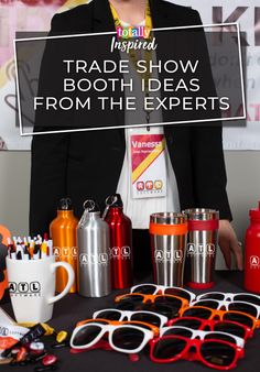 a woman standing in front of a table with lots of items on it and the words trade show booth ideas from the experts