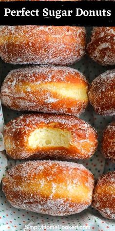 several sugary donuts in a basket with the words perfect sugar doughnuts