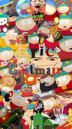 the south park characters are depicted in this collage with many different colors and sizes