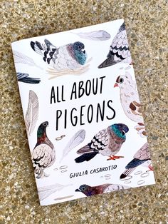 the book all about pigeons by gullila escarroto is sitting on a marble surface