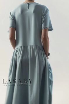 Lasaky - Modern Pleated T-Shirt Dress in Charcoal Grey and Navy Blue Blue Relaxed Fit Dress With Crew Neck, Light Blue Relaxed Fit Short Sleeve Dress, Light Blue Short Sleeve Relaxed Fit Dress, Blue Color Combinations, Polyester Skirt, Flowers Fabric, Skirt Skirt, Casual Fit, Types Of Skirts