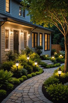 a house with some lights in the front yard