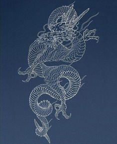 a drawing of a dragon on the side of a blue sky with white lines in it