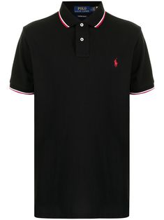 black cotton embroidered logo at the chest stripe trim classic collar front button fastening short sleeves Classic Black Cotton Polo Shirt, Black Tops With Contrast Trim Collar, Black Cotton Polo Shirt With Embroidered Logo, Black Polo Collar Top With Contrast Trim, Black Cotton Polo Shirt With Striped Collar, Black Collared Polo Shirt With Contrast Trim, Black Polo Shirt With Contrast Trim And Short Sleeves, Black Short Sleeve Polo Shirt With Contrast Trim, Black Polo Shirt With Striped Collar