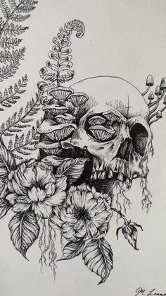 a black and white drawing of a skull with flowers in it's mouth, surrounded by ferns